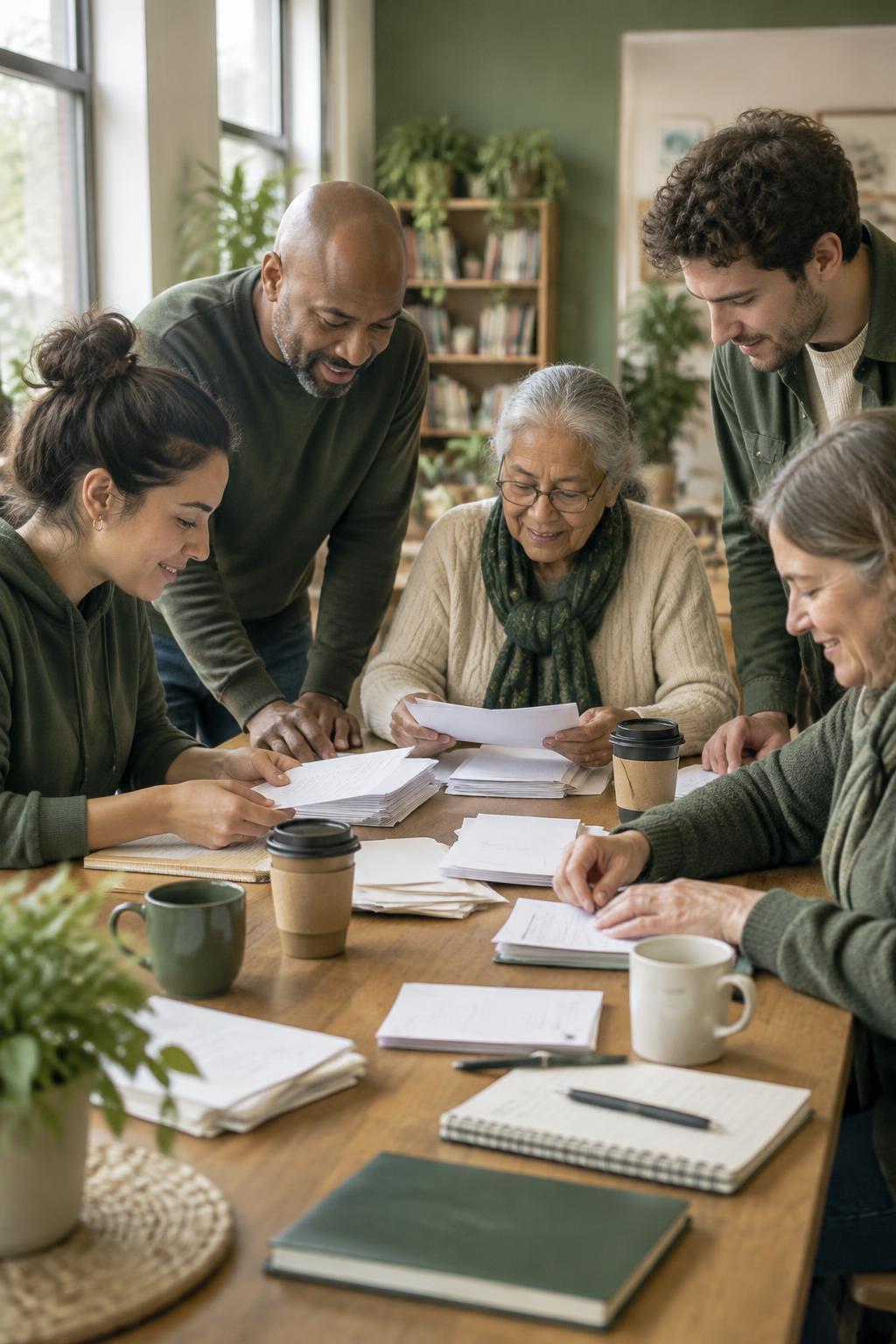 Volunteers and neighbors working through a stack of papers together around a table