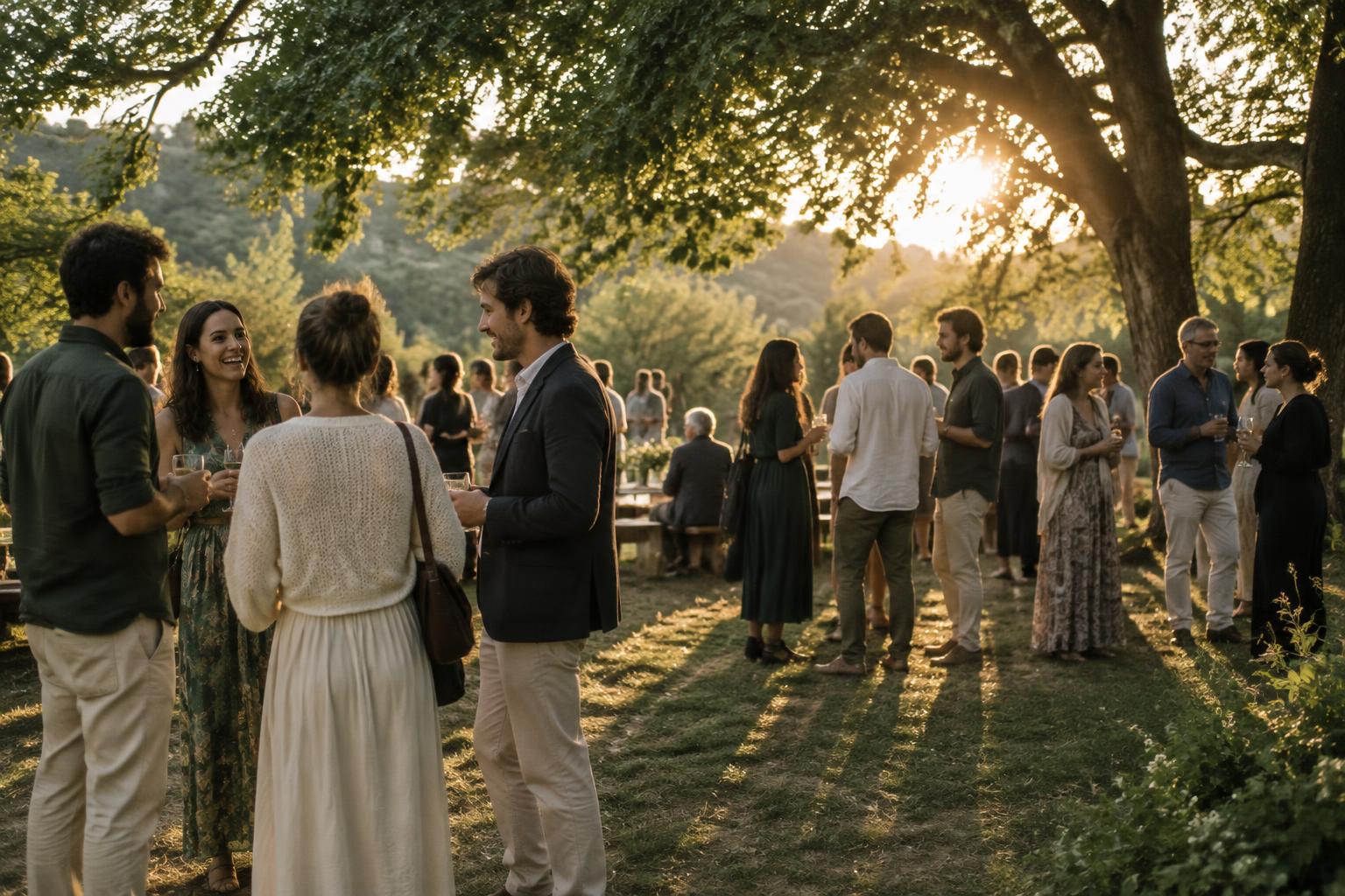 Neighbors talking in small groups at an outdoor community gathering at golden hour