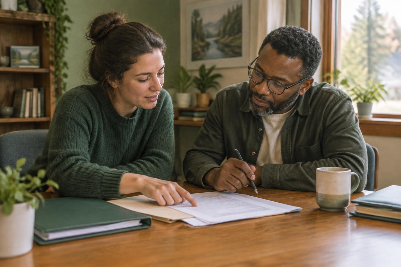 Two people reviewing paperwork together at a wooden table in a community office