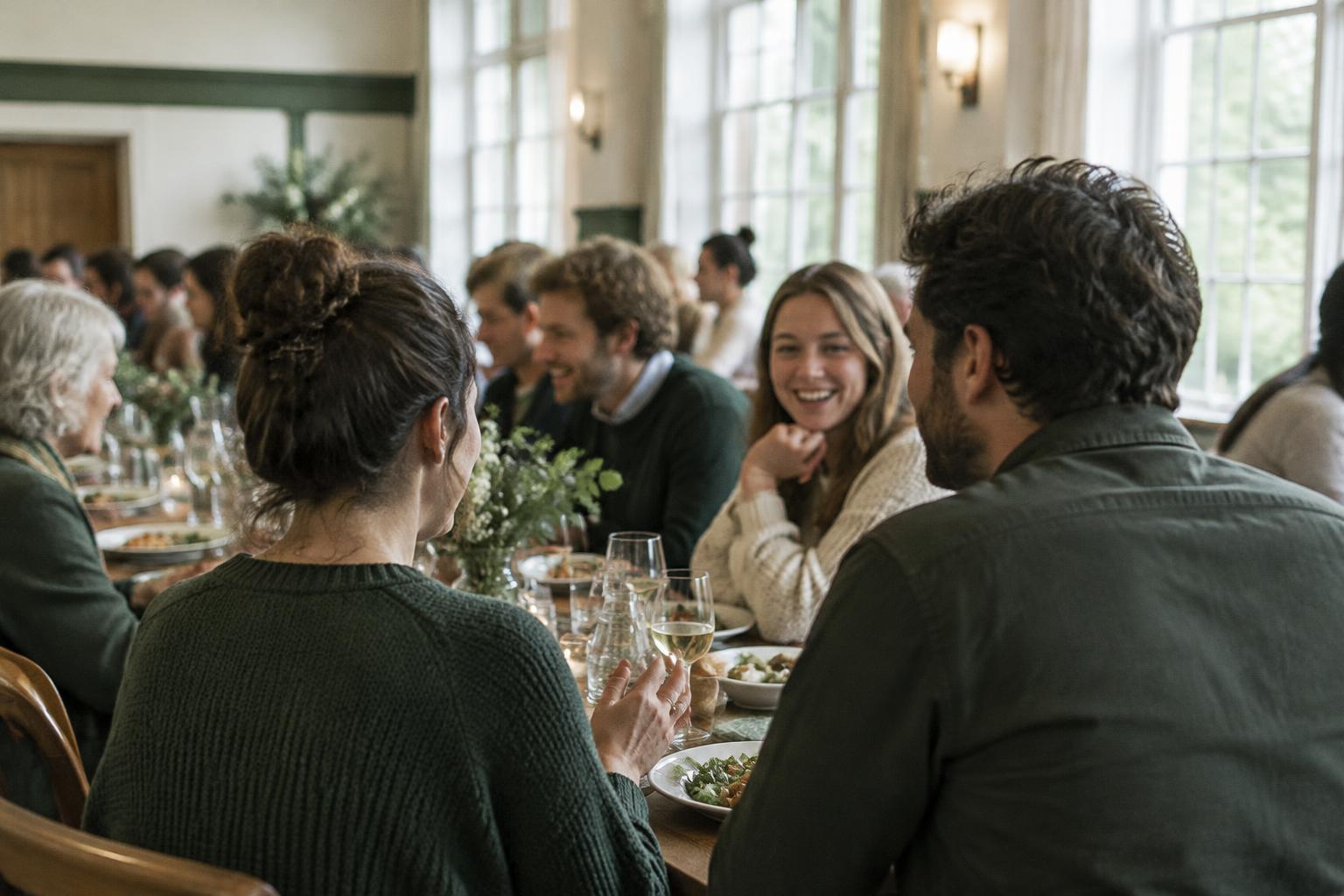 Neighbors sharing a meal together at a long table in a bright room