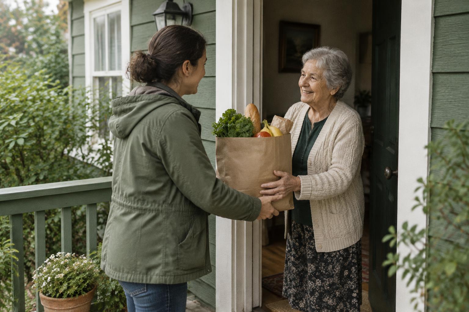 A volunteer in a green jacket handing a paper bag of groceries to an older neighbor at her front door