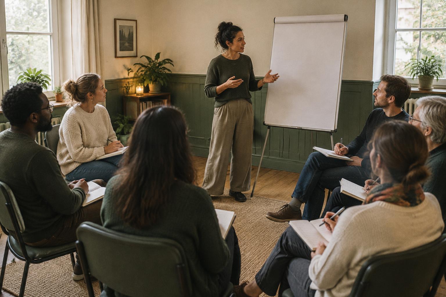 A small group seated in a circle with notebooks during a community workshop